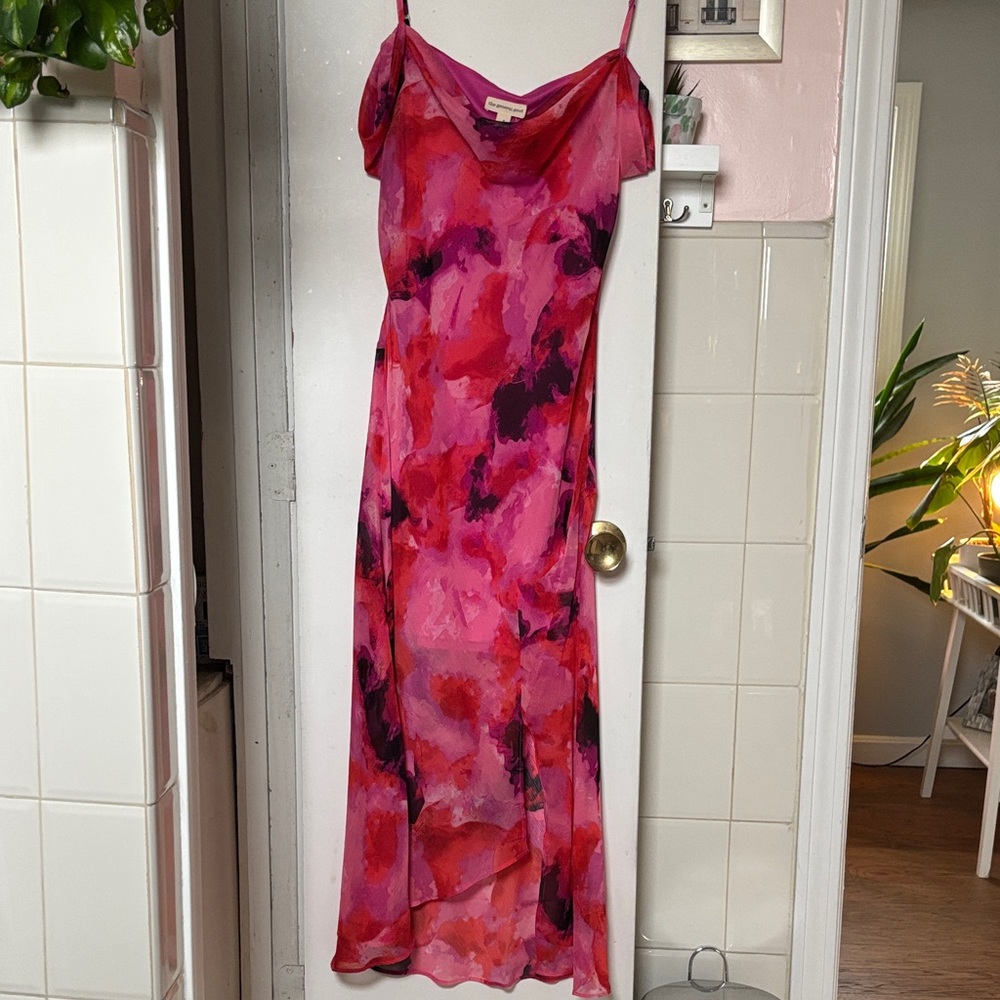 Slip Maxi Dress in Pink Watercolor Print
